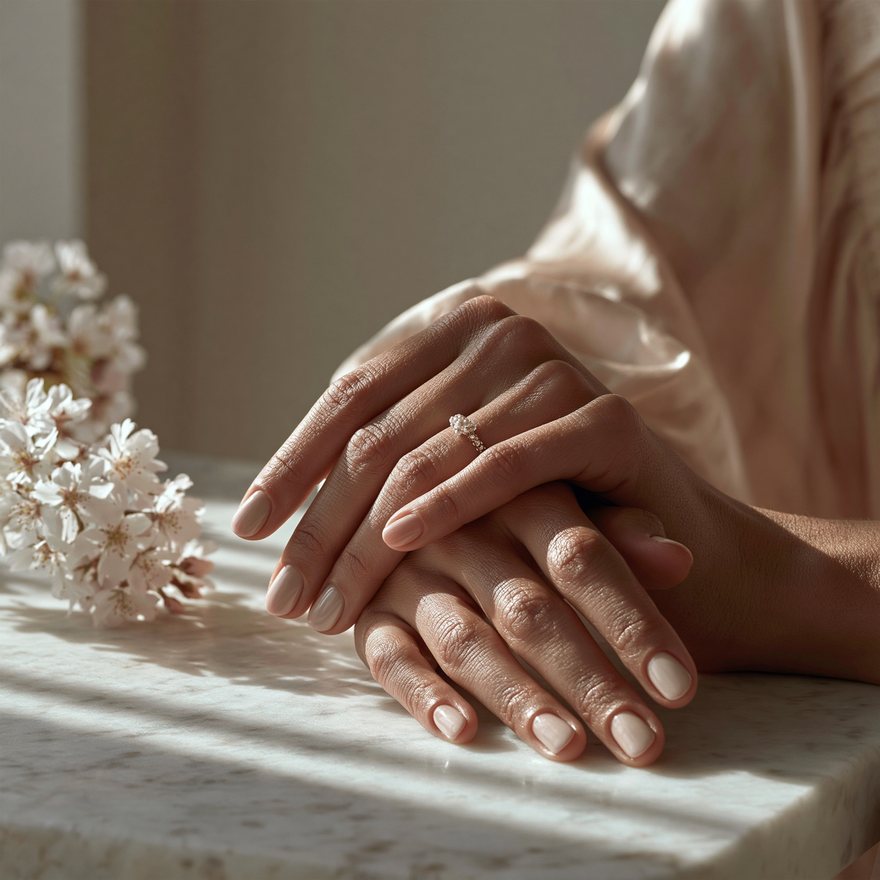 A pair of hands resting calmly, natural nails after the Nailcure