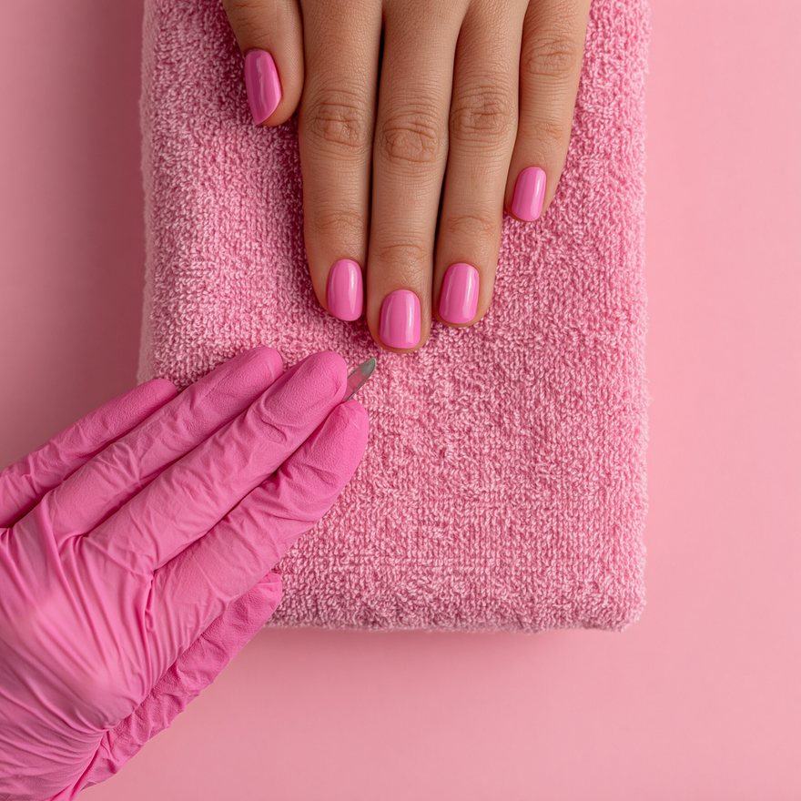 A gloved hand using a precision tool for cuticle care on a manicured hand