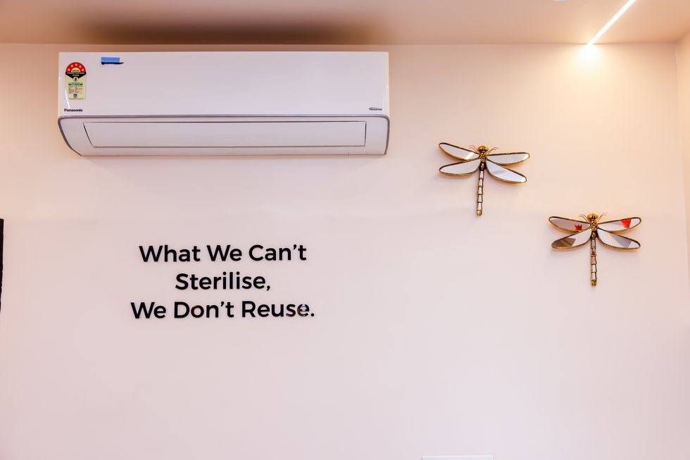 Studio wall reading: What we can't sterilise, we don't reuse